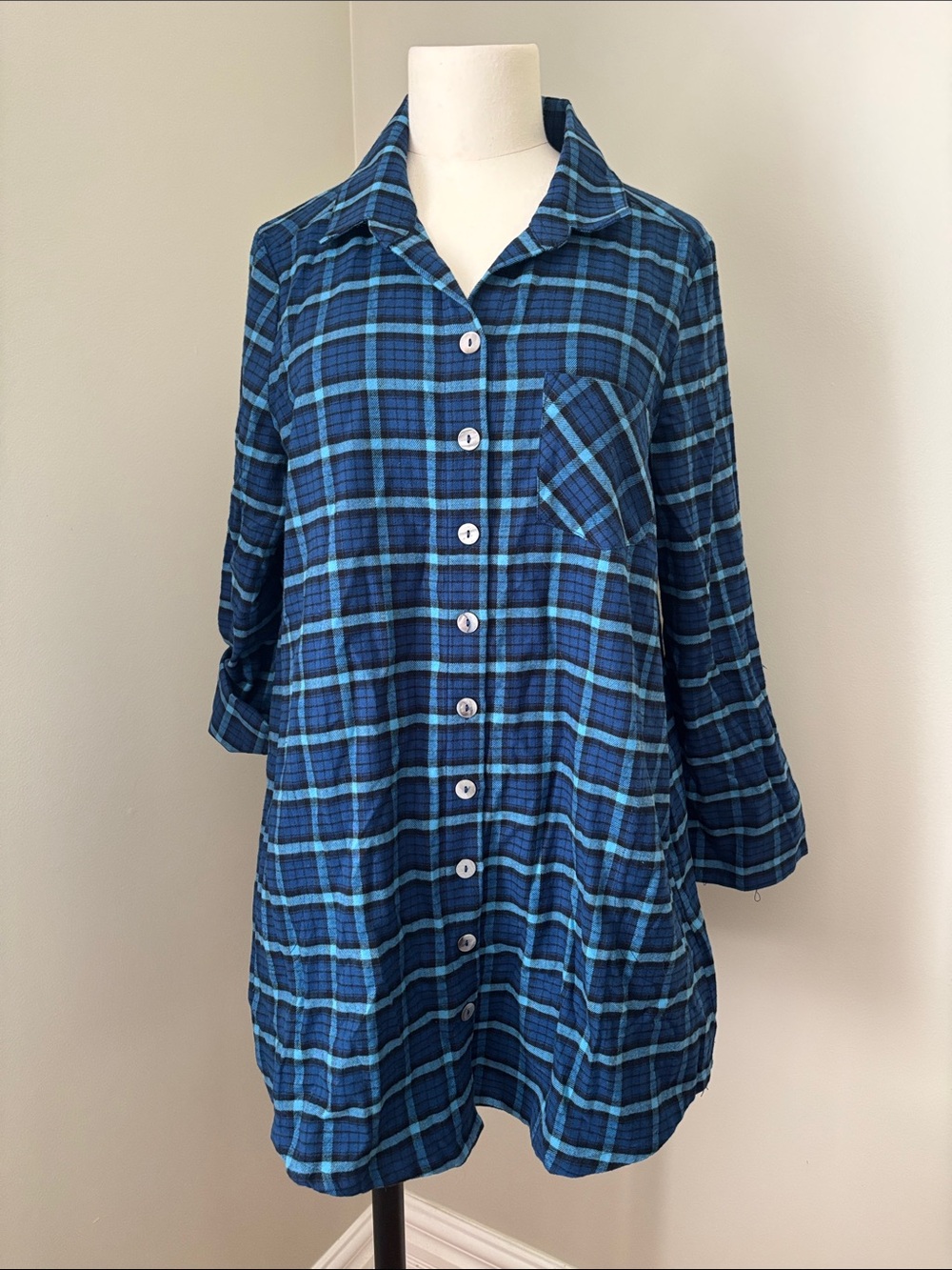 Blue Sky Celine Tunic Blueberry Plaid Top Size S
